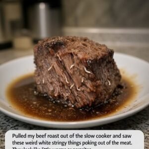 Pulled my beef roast out of the slow cooker and saw these weird white stringy things poking out of the meat. They look like little worms or parasites. Is the meat infested?