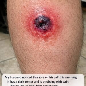 My husband noticed this sore on his calf this morning. It has a dark center and is throbbing with pain. We are hours away from urgent care. Does this look necrotic?